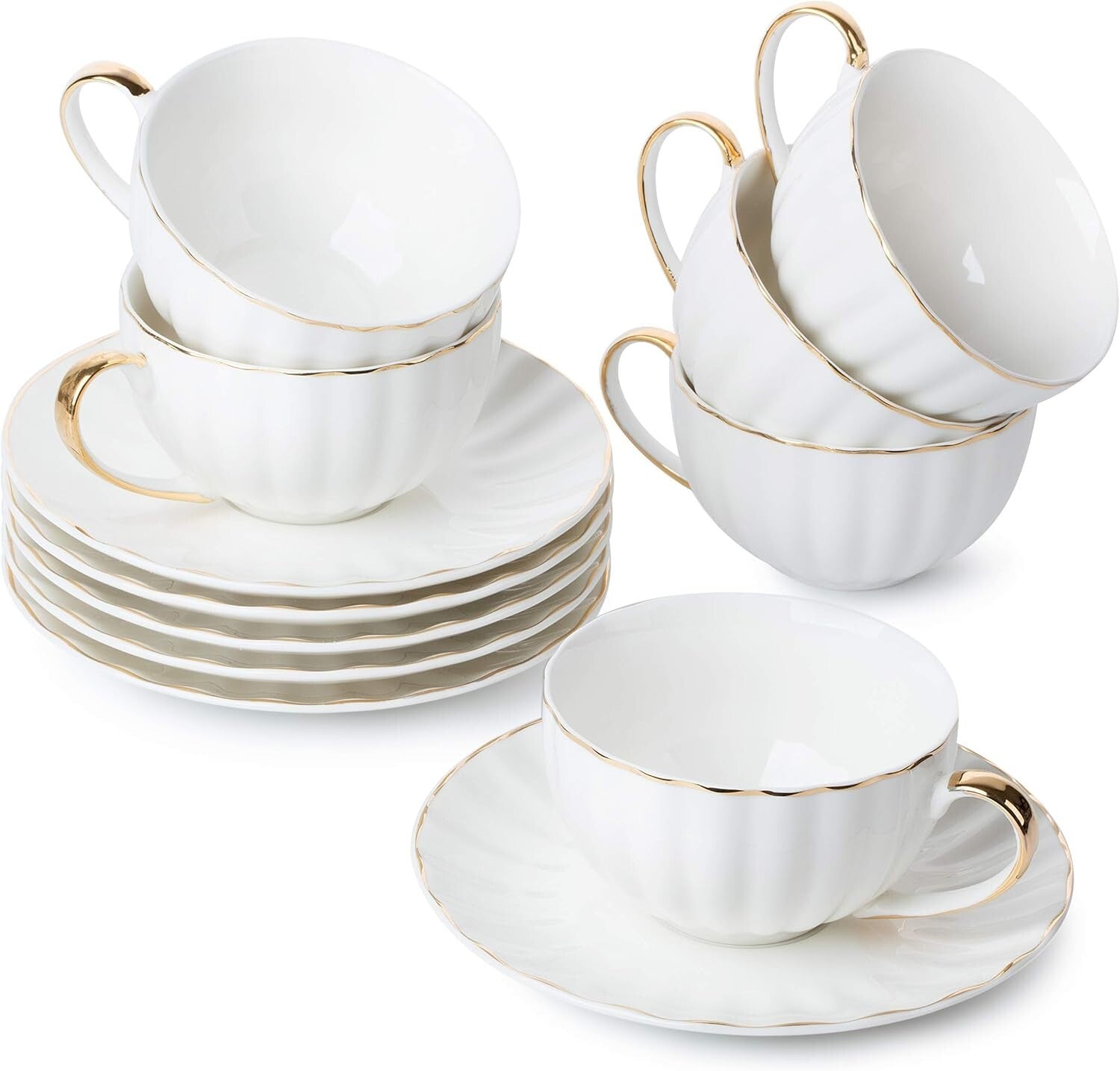 Luxurious 7 oz White Tea Cups and Saucers Set with Golden Trim - Gift Ready!