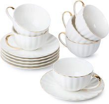 Load image into Gallery viewer, Luxurious 7 oz White Tea Cups and Saucers Set with Golden Trim - Gift Ready!