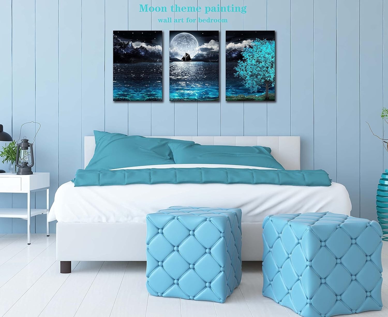 Elegant Teal Moon Wall Art Set - 3 Pieces Canvas for Living Room & Bedroom