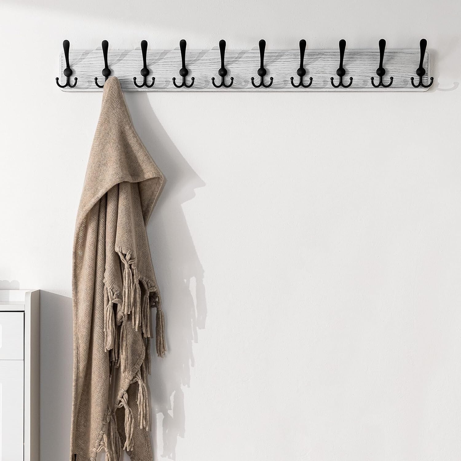 38.3'' Rustic Wall Mounted Coat Rack with 10 Heavy-Duty Hooks in Weathered White