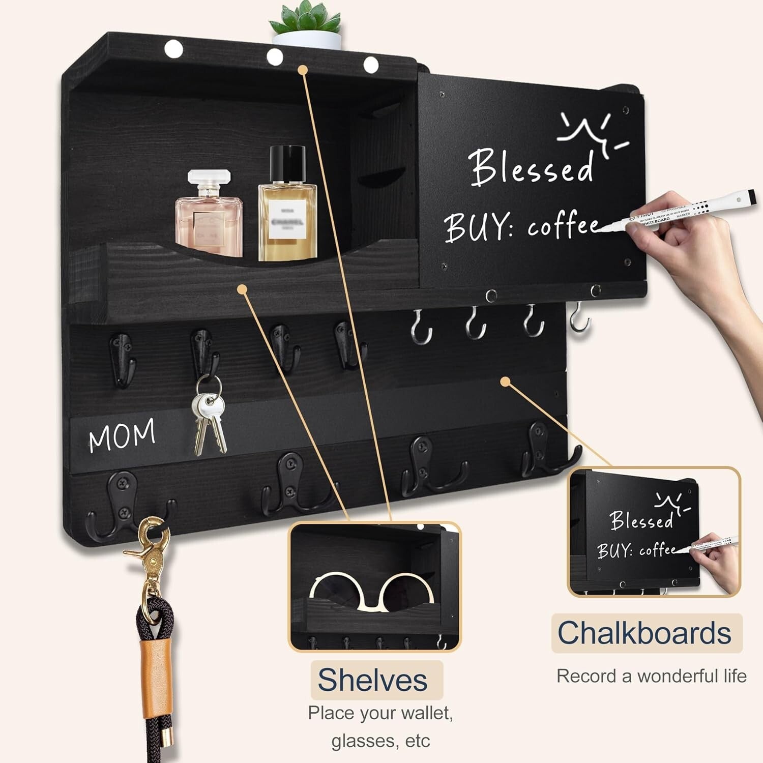 Antique Finish Key and Mail Holder with Chalkboard and Rustic Shelf Design