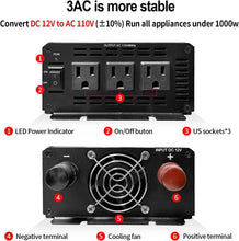 Load image into Gallery viewer, 3 AC Outlet 1000W Power Inverter - Ideal Solution for Home &amp; Outdoor Power Needs