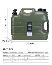 Load image into Gallery viewer, Military Green 6.6 Gallon Wide Mouth Water Storage for Camping Adventures