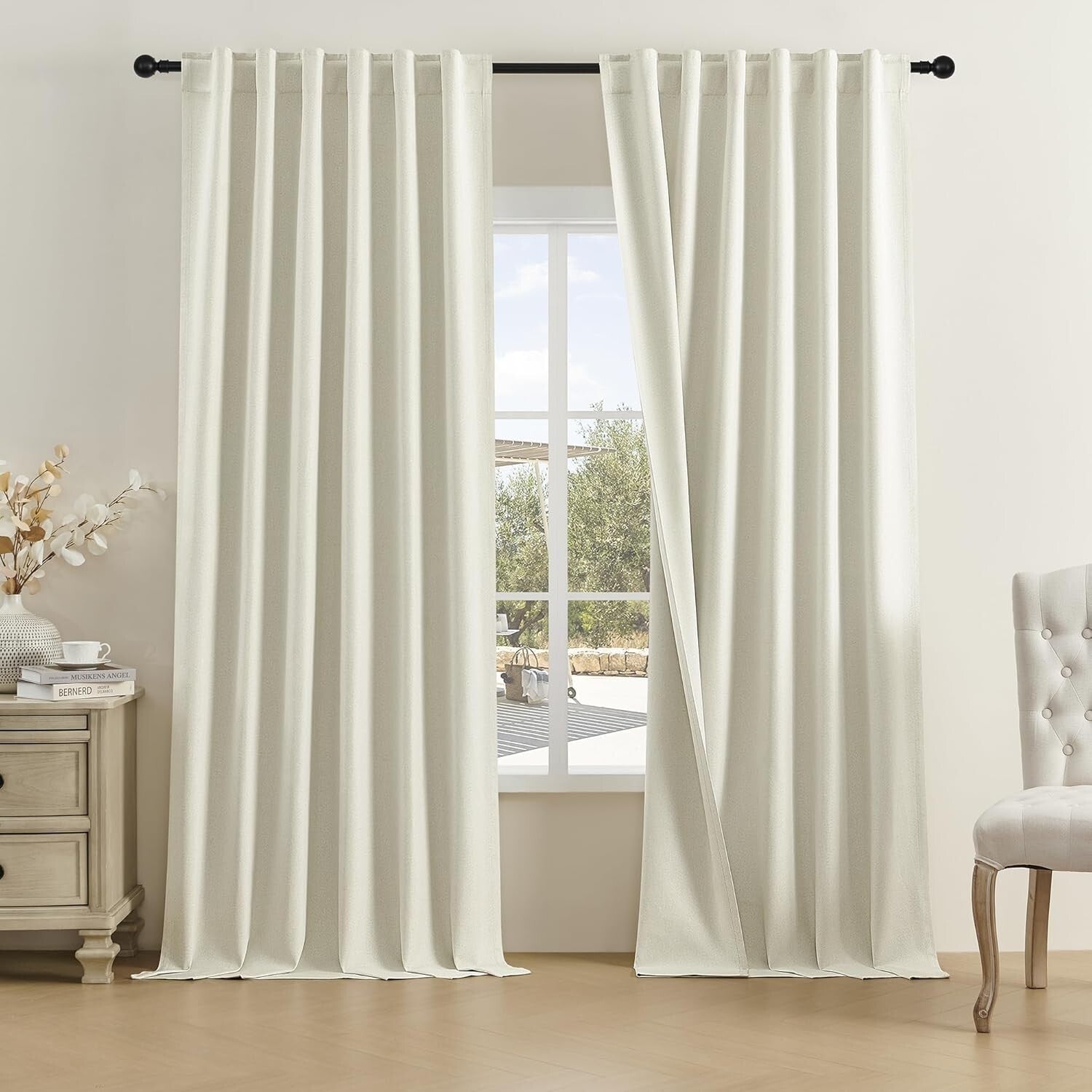 Beige Faux Linen Full Blackout Curtains 108" - Modern Insulated Drapes Set of 2
