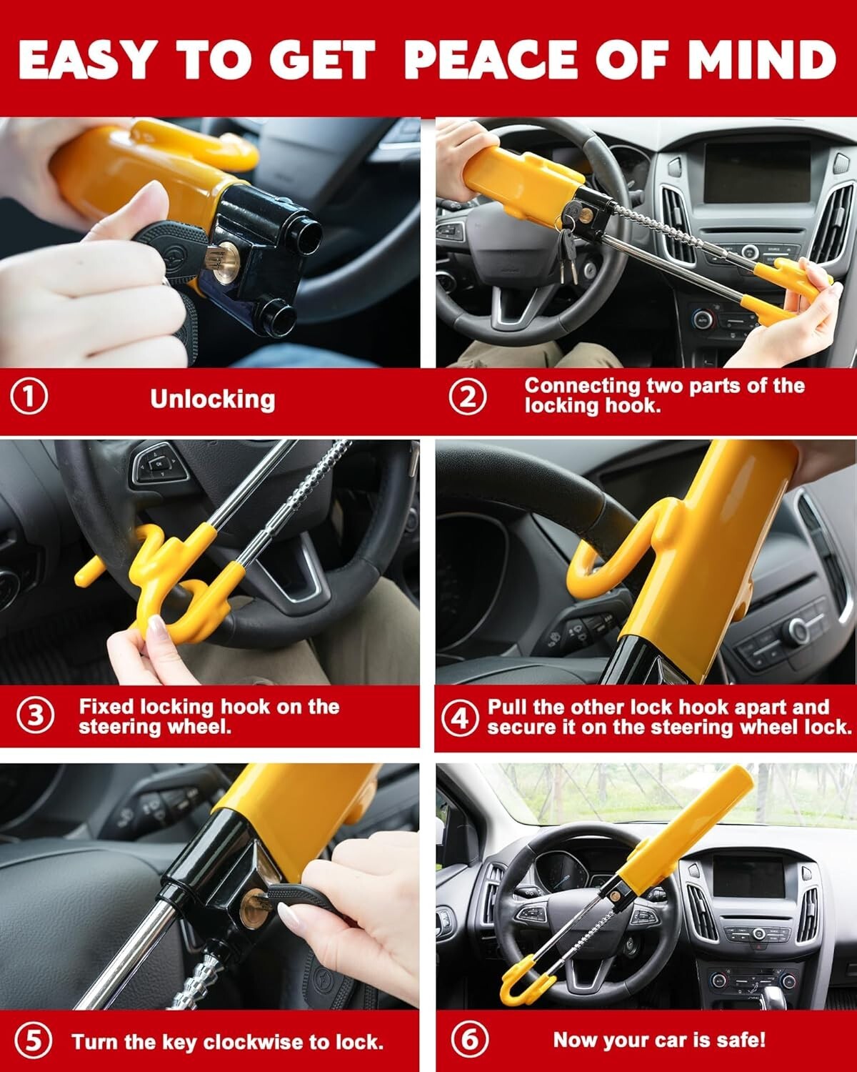 Adjustable Antitheft Steering Wheel Lock with 3 Keys - Bright Deterrent for Cars