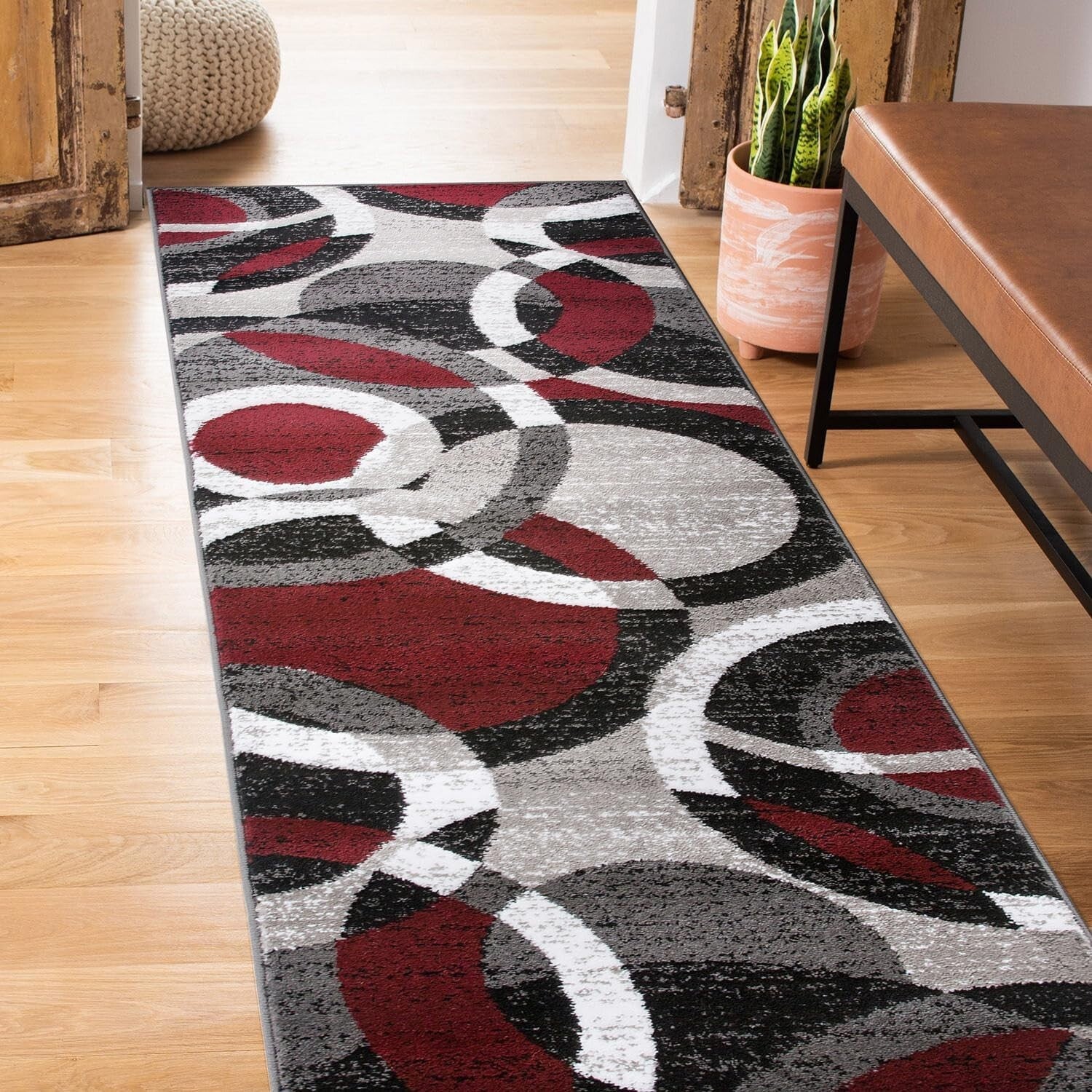 Durable Red Abstract Geometric Runner Rug - Perfect for Living Rooms & Kitchens