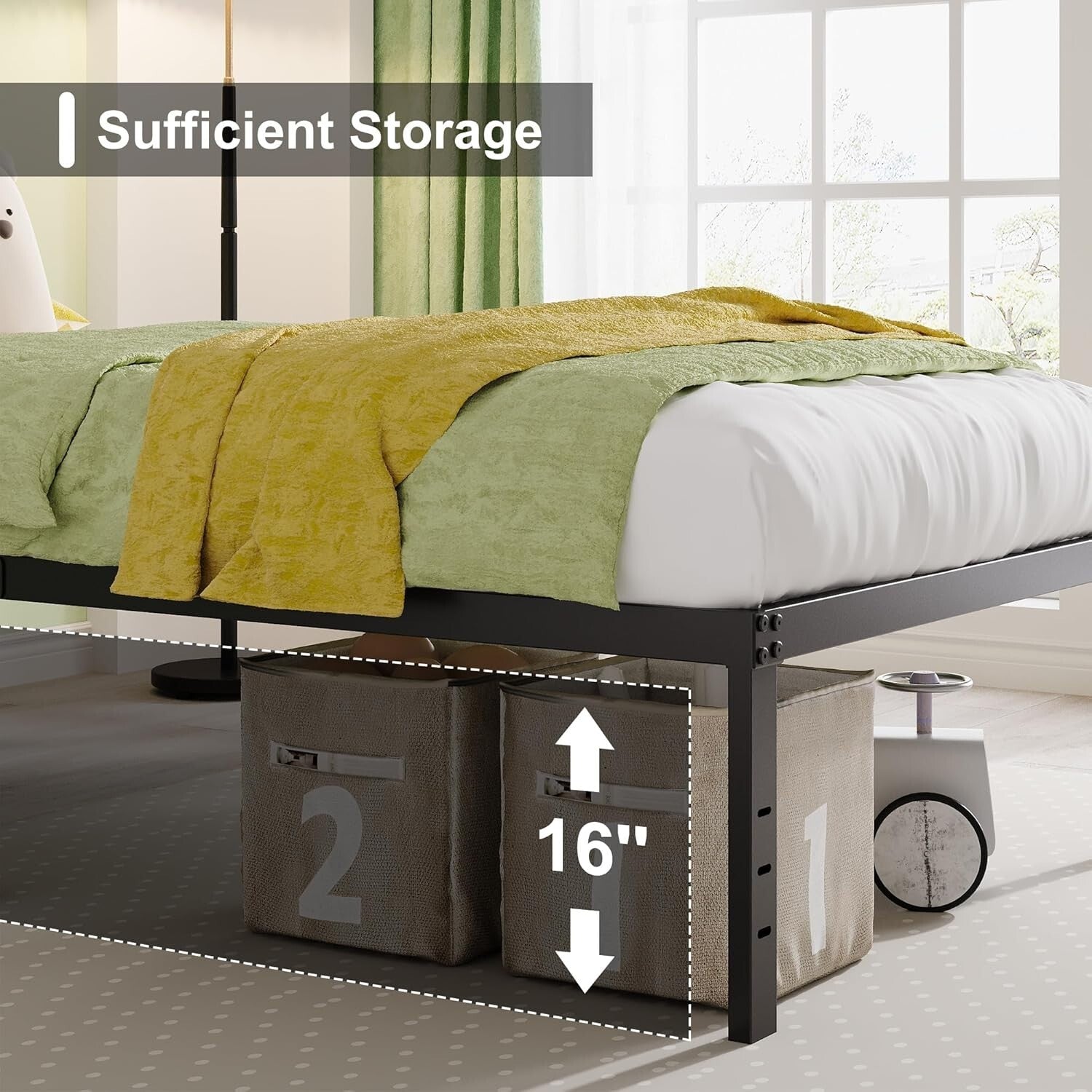 18-Inch Tall Heavy-Duty Metal Bed Frame with Ample Storage - Noise-Free Design