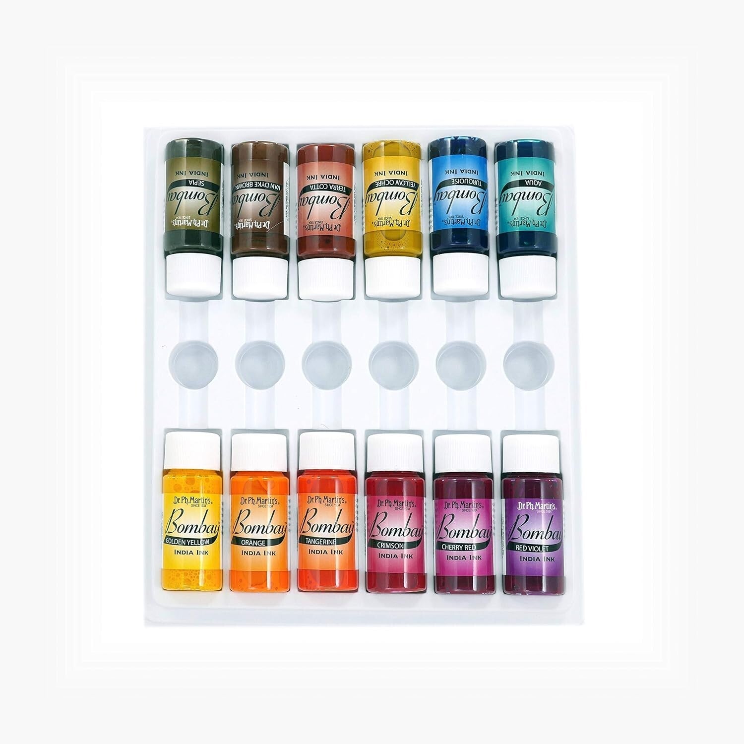 Waterproof Bombay India Ink Set, 12 Colors in 0.5 oz Bottles - Ideal for Artists
