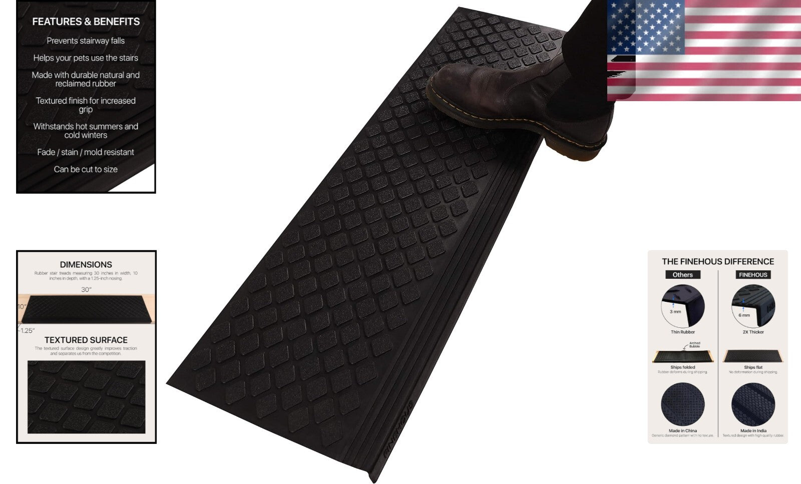 Diamond Weave Non-Slip Rubber Stair Treads 30"x10" for Indoor & Outdoor Use