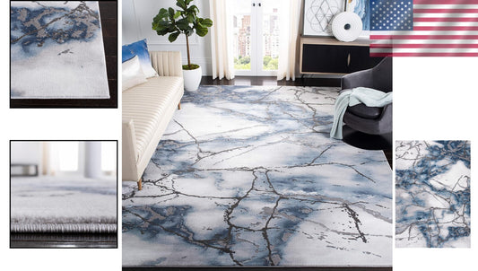 Stain Resistant Grey & Blue Area Rug - 9' x 12', Ideal for High Traffic Spaces