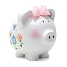 Load image into Gallery viewer, Vibrant Hand-Painted Ceramic Piggy Bank for Girls – 8-inch Flutter Flies Design