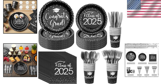 700pcs Graduation Party Supplies - Stylish Black & Silver Plates & Napkins