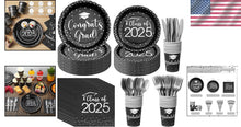 Load image into Gallery viewer, 700pcs Graduation Party Supplies - Stylish Black &amp; Silver Plates &amp; Napkins