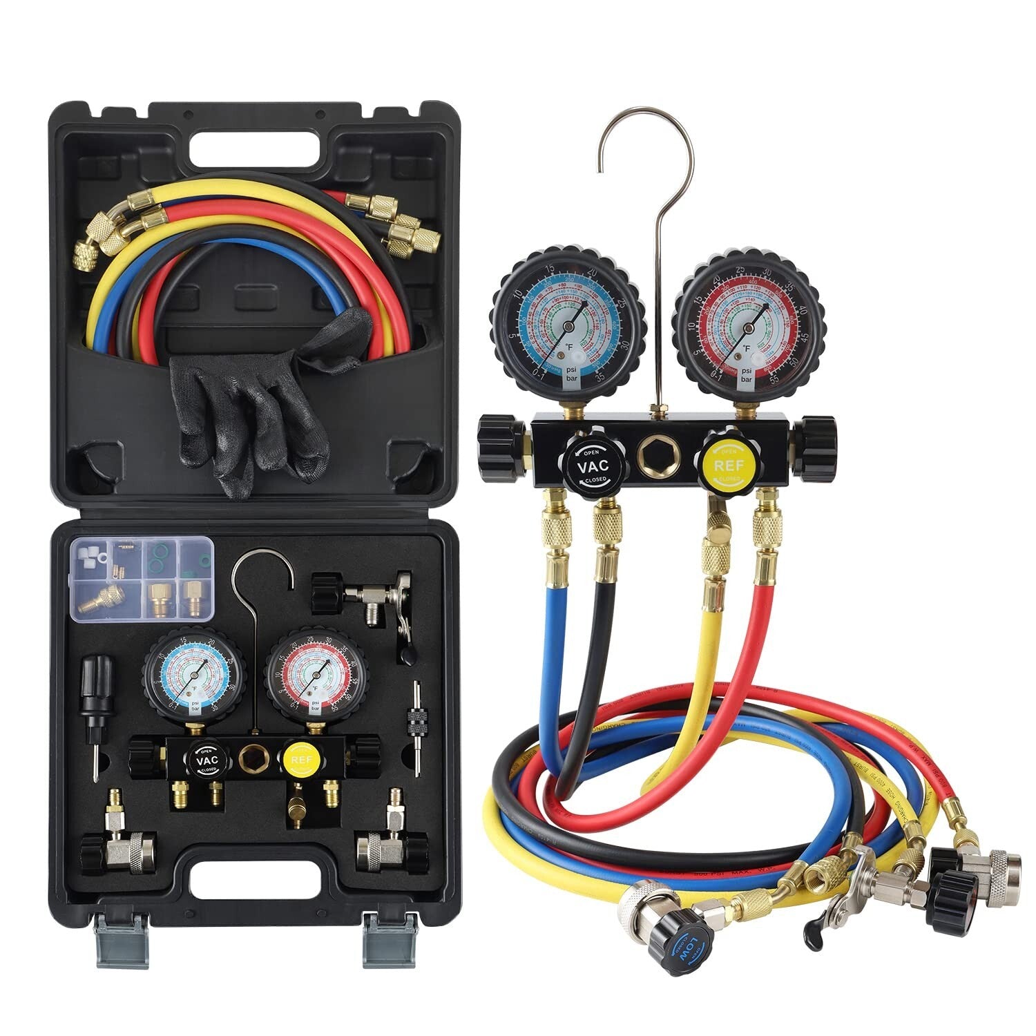 4-Way HVAC Diagnostic Gauge Set with Adjustable Couplers - 0-800 PSI Range