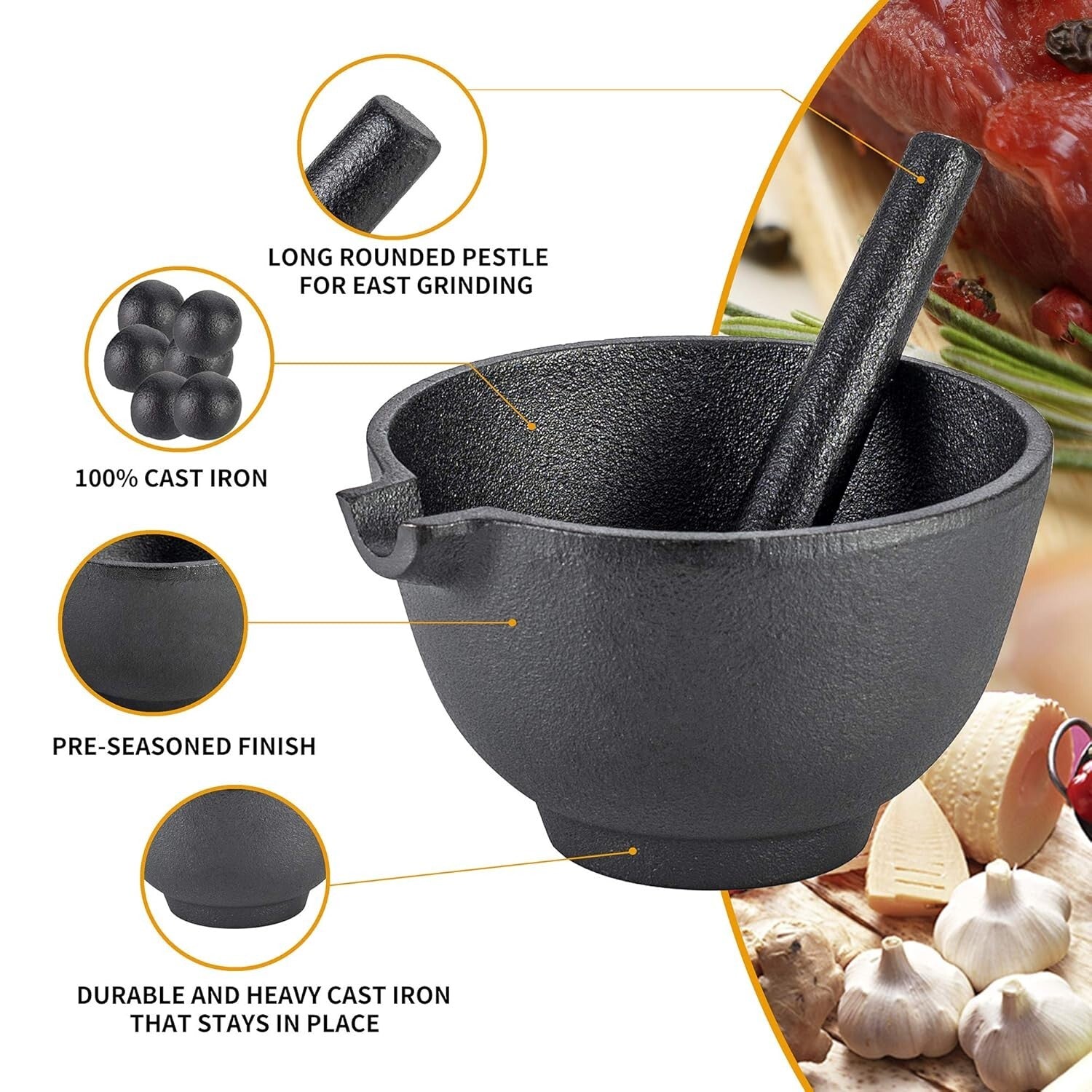 6.5 Inch Pestle and 3 Cup Mortar - Effortless Spice Grinding for Gourmet Recipes