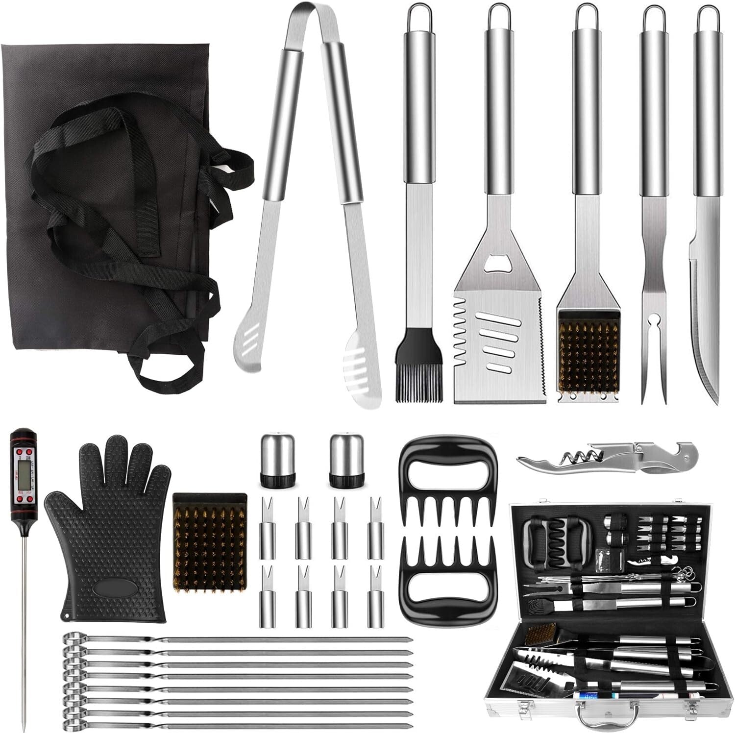 Durable 32-Piece Grill Tool Set with Silicone-Handled Utensils & Portable Case