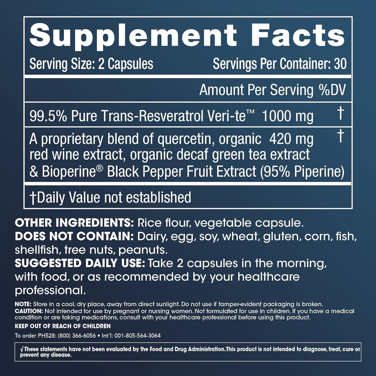 1000mg Trans-Resveratrol Capsules - 99.5% Pure with Enhanced Absorption