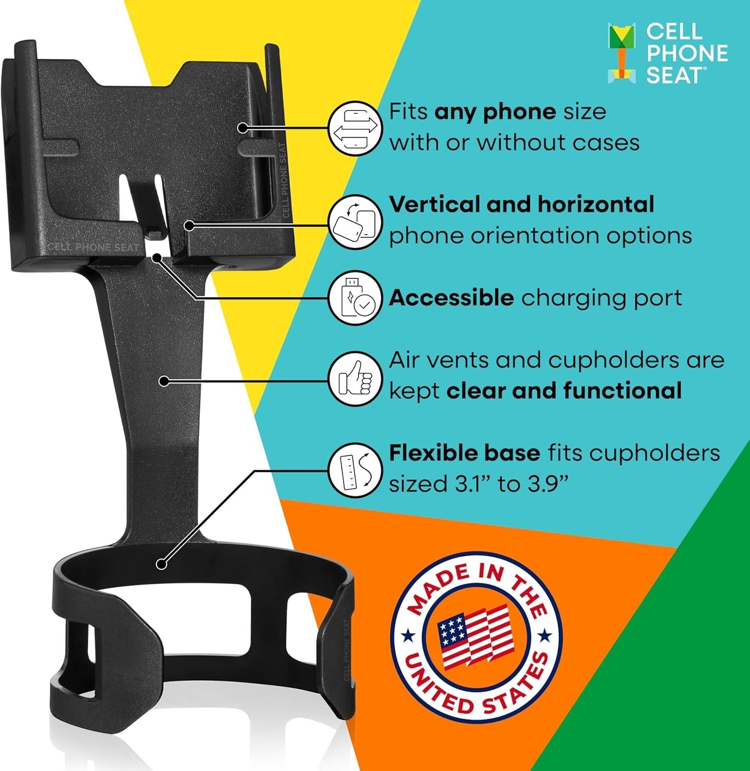 Adjustable Cup Holder Phone Holder for All Smartphones - Car Mount Black 2-Pack