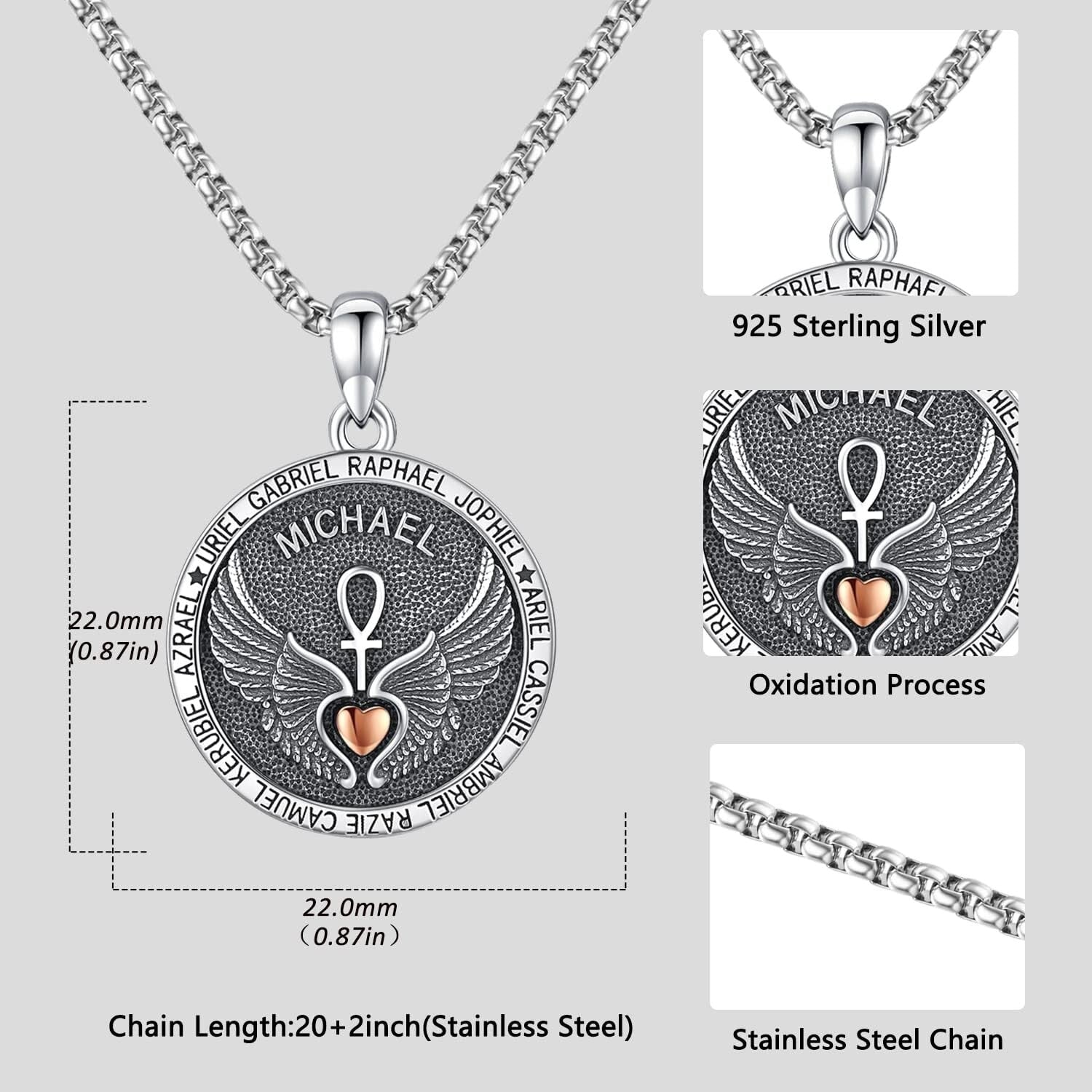 Saint Michael Engraved Silver Pendant Necklace for Protection - Adjustable Chain