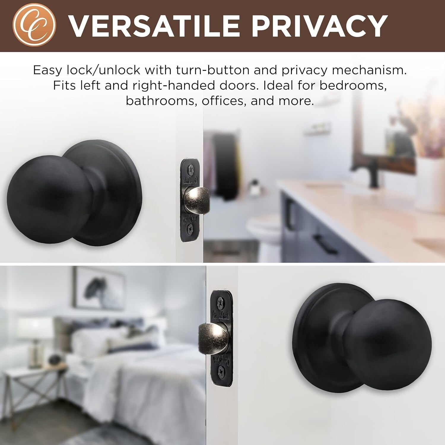 6-Pack Matte Black Round Door Knobs with Privacy Lock - Ideal for Bedroom & Bath