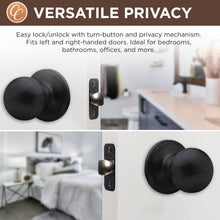 Load image into Gallery viewer, 6-Pack Matte Black Round Door Knobs with Privacy Lock - Ideal for Bedroom &amp; Bath