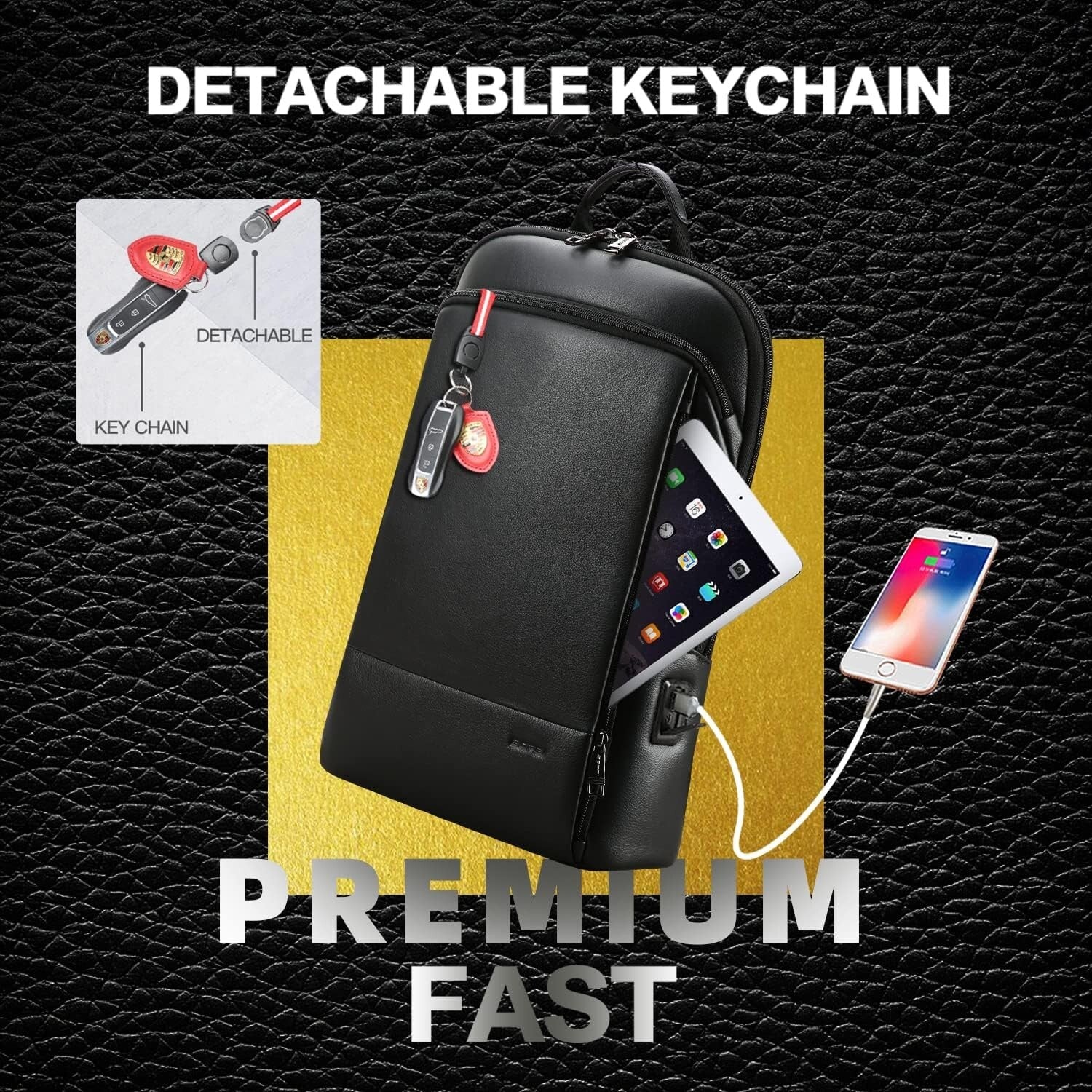 Elegant Black Leather Laptop Rucksack with USB Charging & Hidden Zipper Security