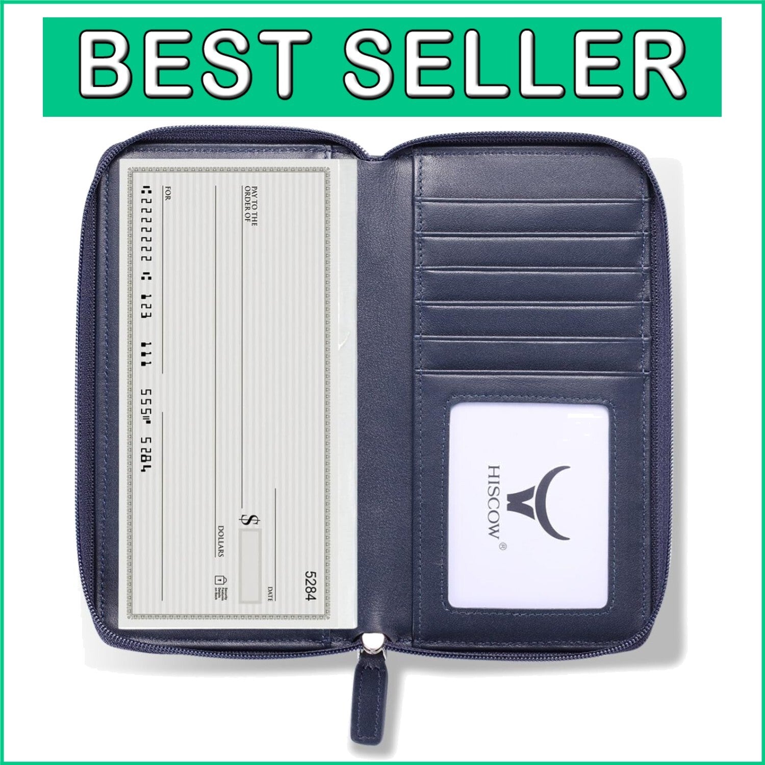 Luxurious Italian Calfskin Zippered Checkbook Cover & Card Holder in Dark Blue