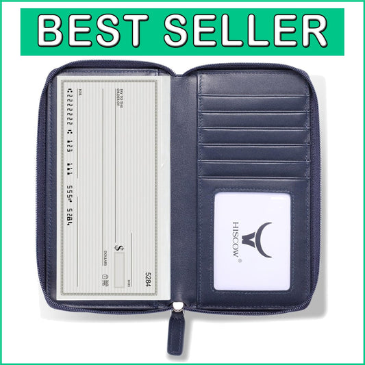 Luxurious Italian Calfskin Zippered Checkbook Cover & Card Holder in Dark Blue