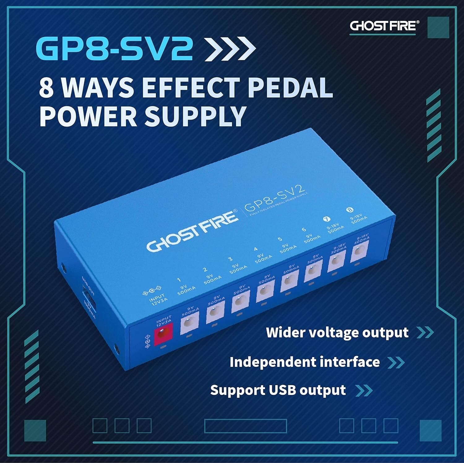 GHOST FIRE Compact Pedal Power Supply with 5V USB - Short Circuit Protection