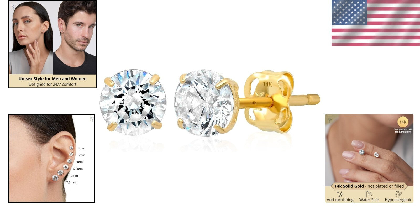 Unisex 14K Gold Zirconia Studs - Waterproof, Versatile Earrings for Any Occasion