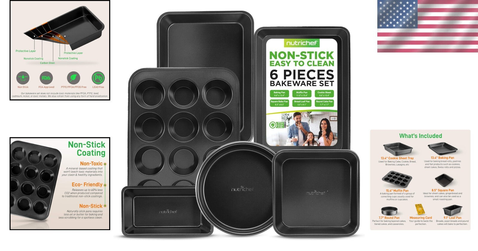 Black Carbon Steel 6-Piece Bakeware Set - Nonstick & Heat Resistant to 446°F