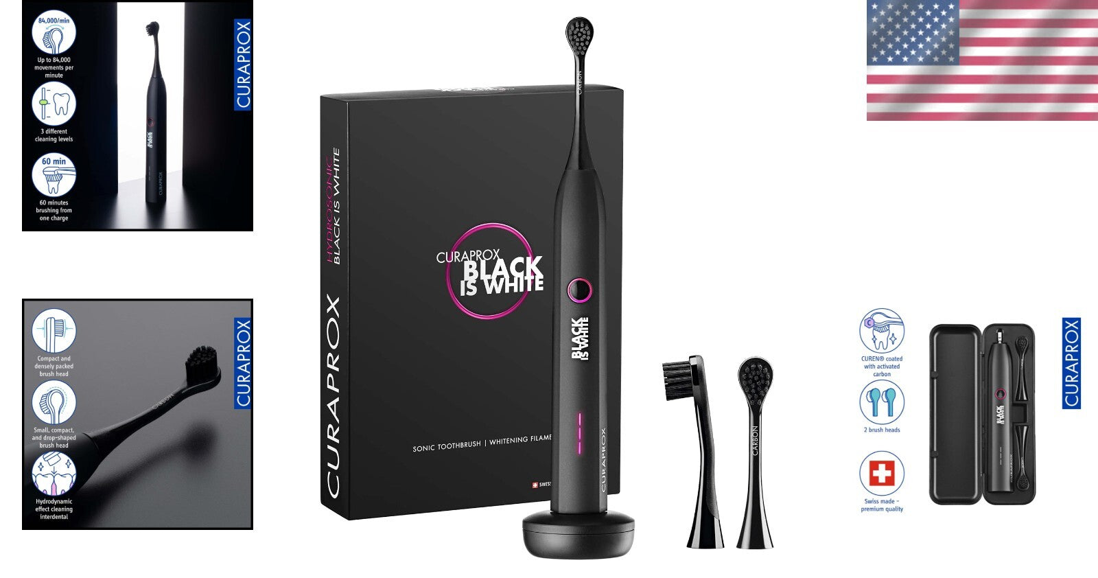 Hydrosonic Electric Toothbrush with Timer, Charger & Travel Case - Black & White