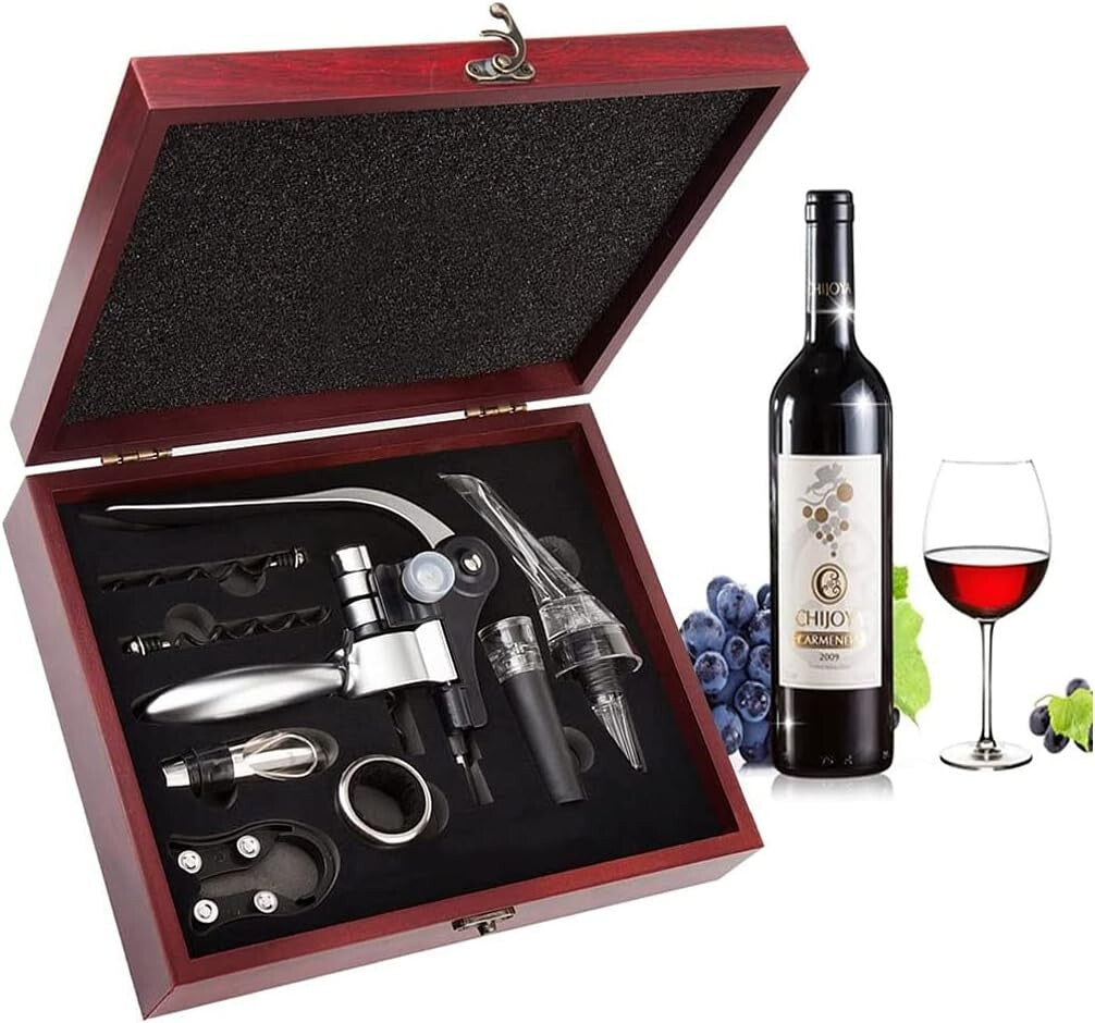 Elegant Wine Accessories Kit with Corkscrew, Foil Cutter & Wooden Gift Box