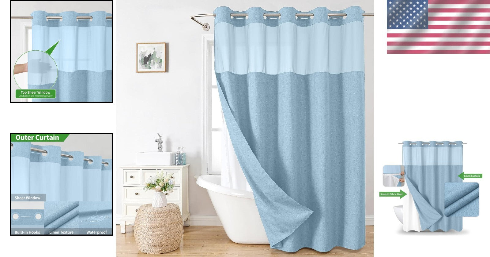 Elegant Fog Blue Shower Curtain with Detachable Liner - Spa Experience at Home