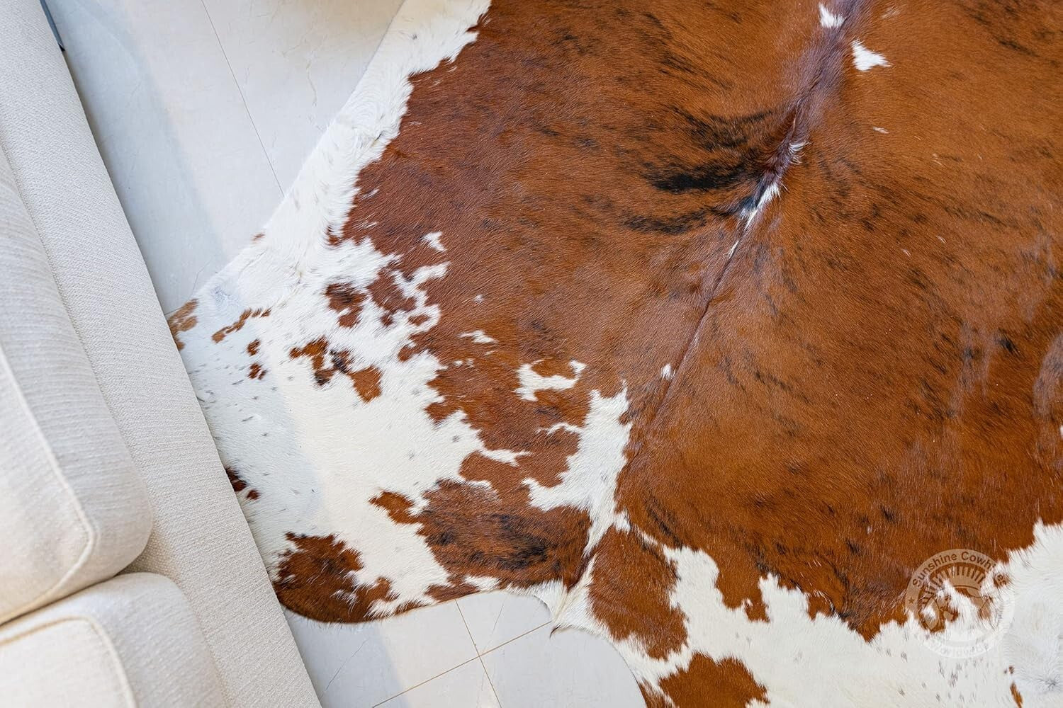 Rustic & Durable Brown/Cream Cowhide Rug - Unique Animal Shape 6x8 Ft Design