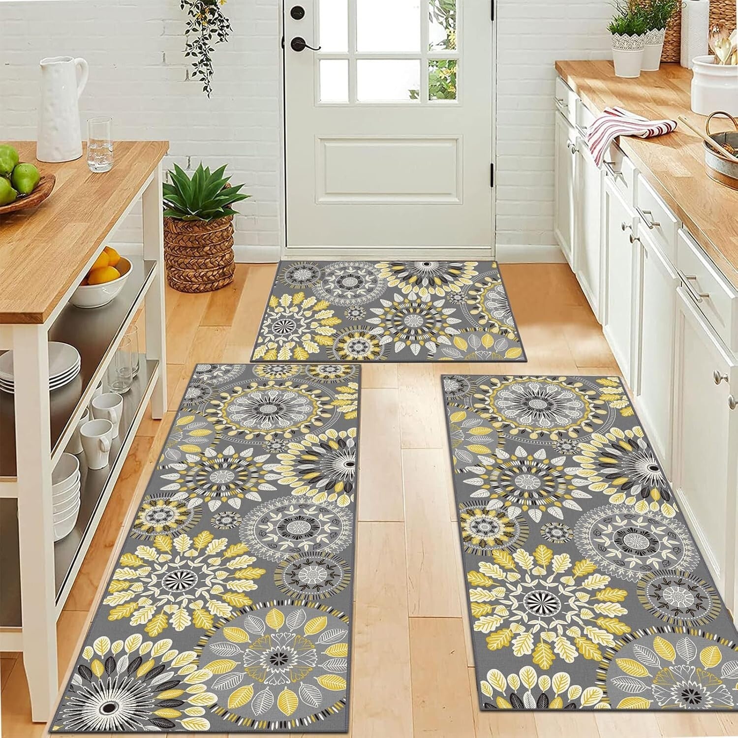 Boho 3-Piece Kitchen Rug Set - Non-Slip Runner & Floral Design for Modern Homes