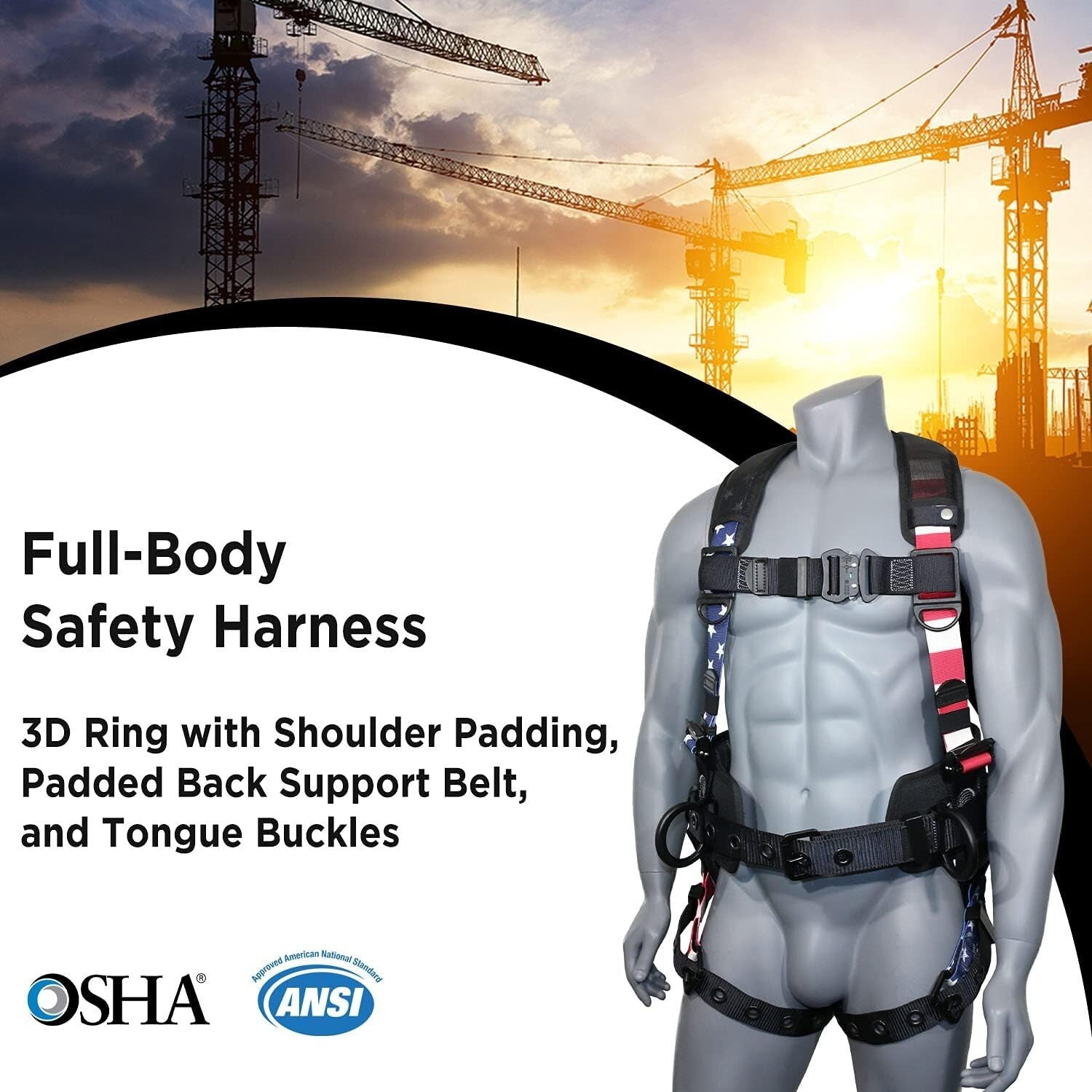 Premium Full-Body Safety Harness with 8" Thick Support Belt & Aluminum D-Rings