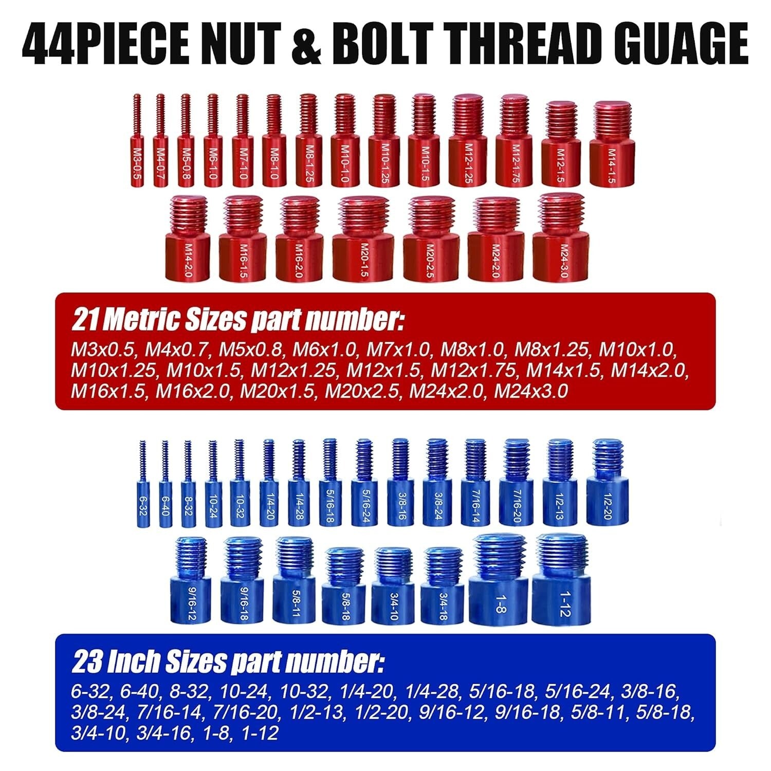 Efficient 44-Pc Nut & Bolt Gauge Set - Aluminum Thread Gauge for All Sizes