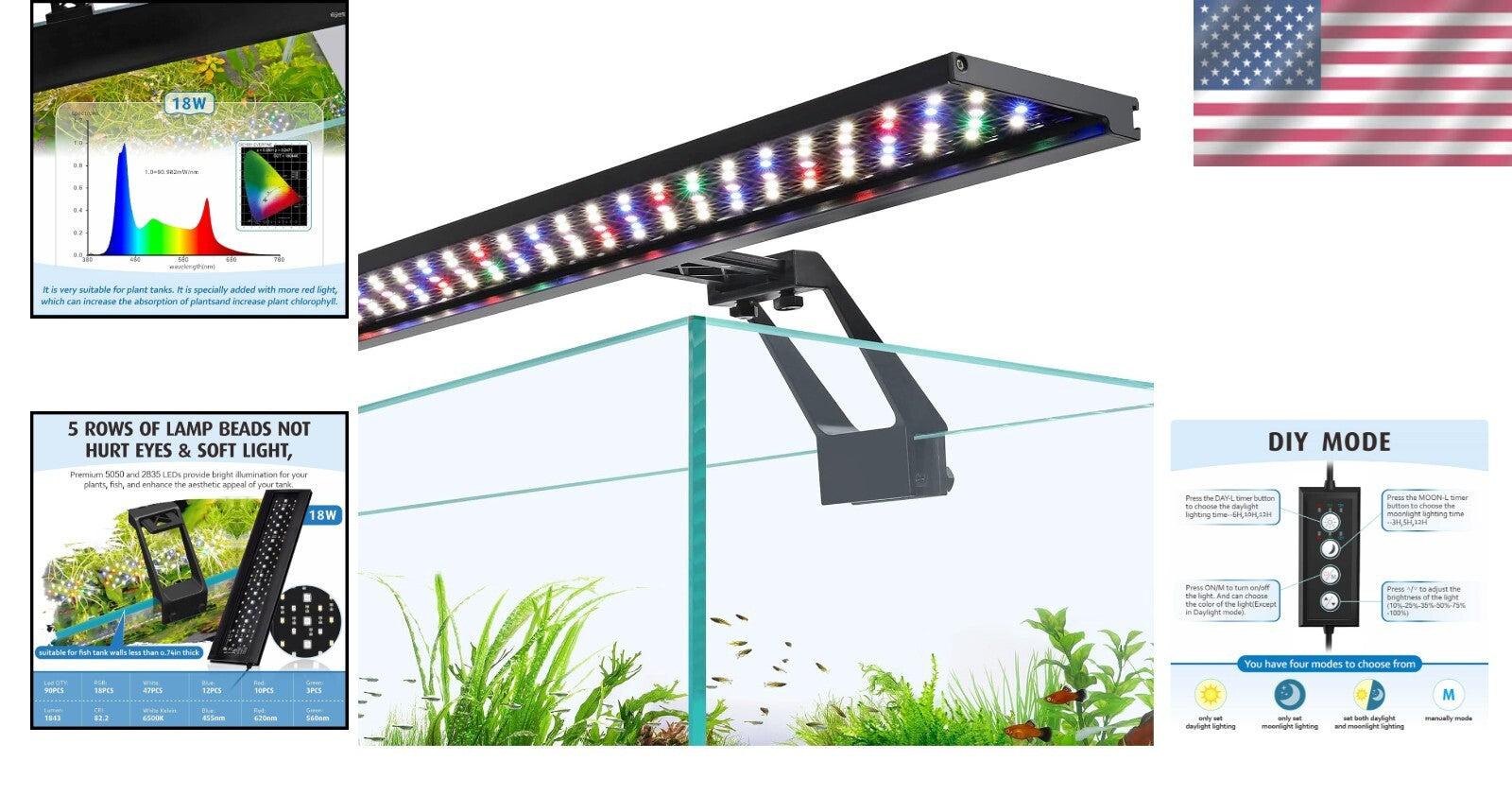 18W Day-Night Dual Timer Aquarium Light with Adjustable Brightness and Colors