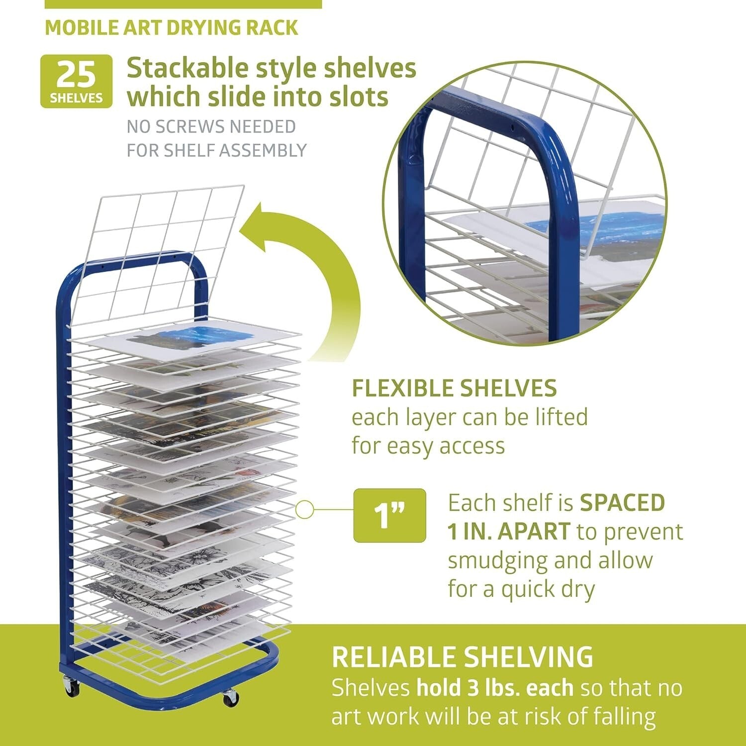 Portable 25-Shelf Art Drying Rack with Locking Wheels, Ideal for Classrooms