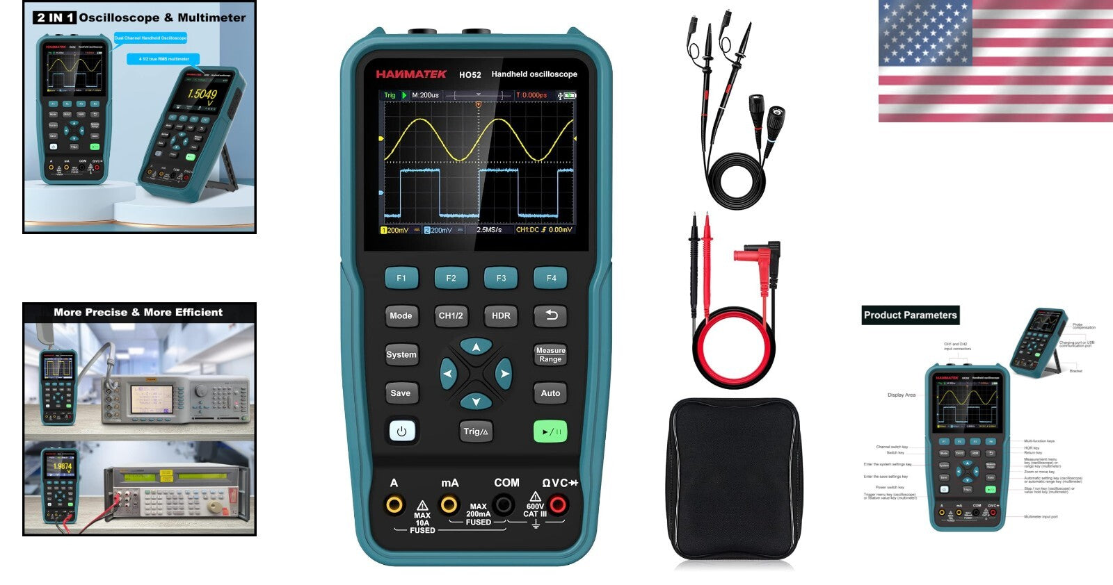 Versatile 50MHz Handheld Oscilloscope with Memory Function & Backlit TFT Display