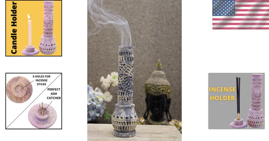 Intricate Floral Carved Soapstone Incense Tower & Tea Light Stand for Gifting