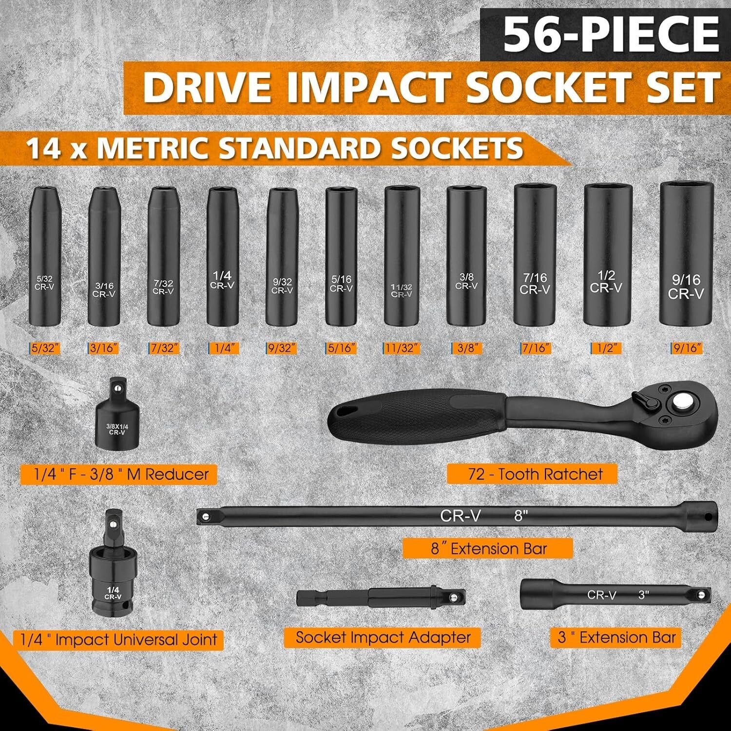 Efficient 1/4-Inch Drive 56-Piece Impact Socket Set - Superior Durability