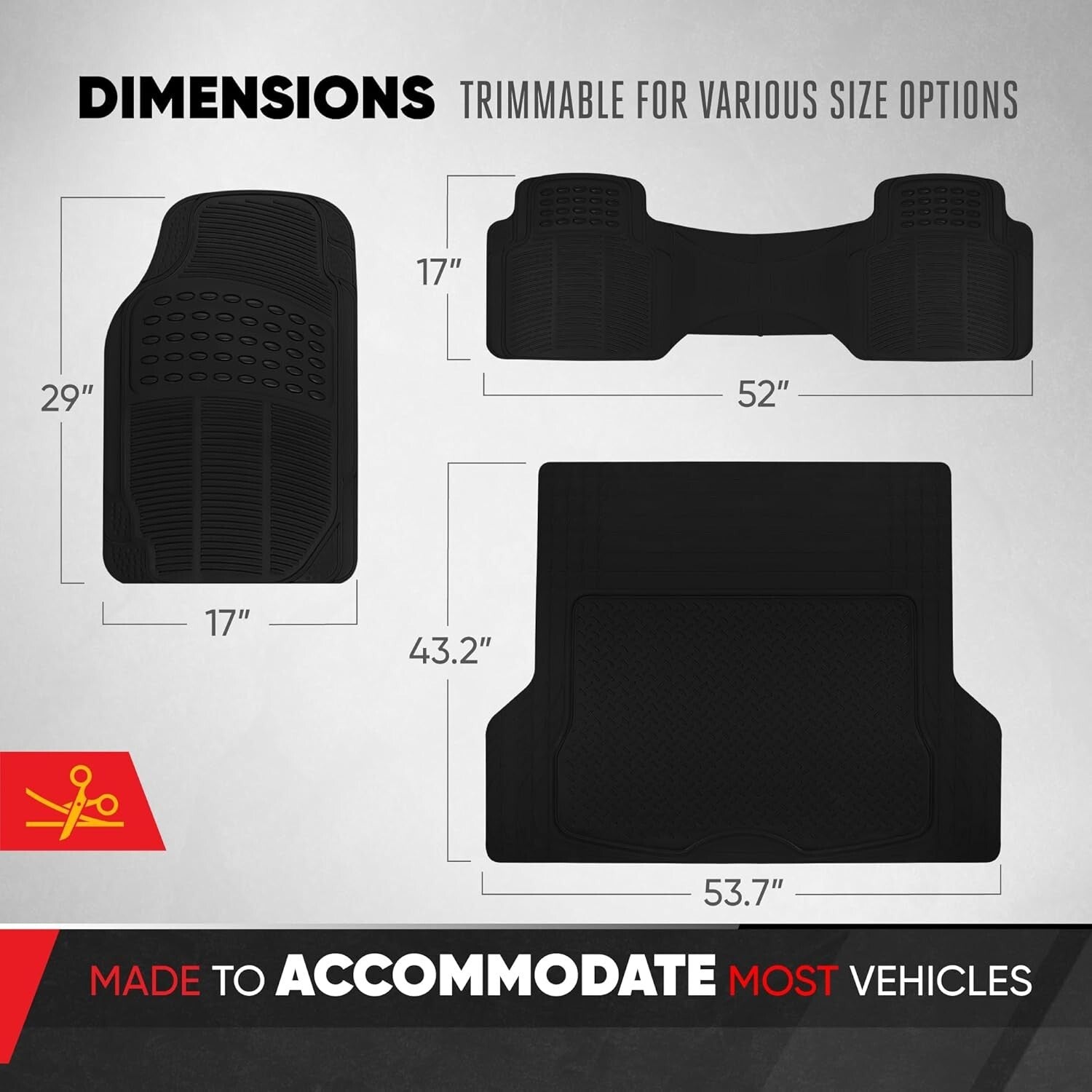 Custom Trim-to-Fit Black Rubber Floor Mats for Cars, SUVs & Trucks – 4 Piece Set