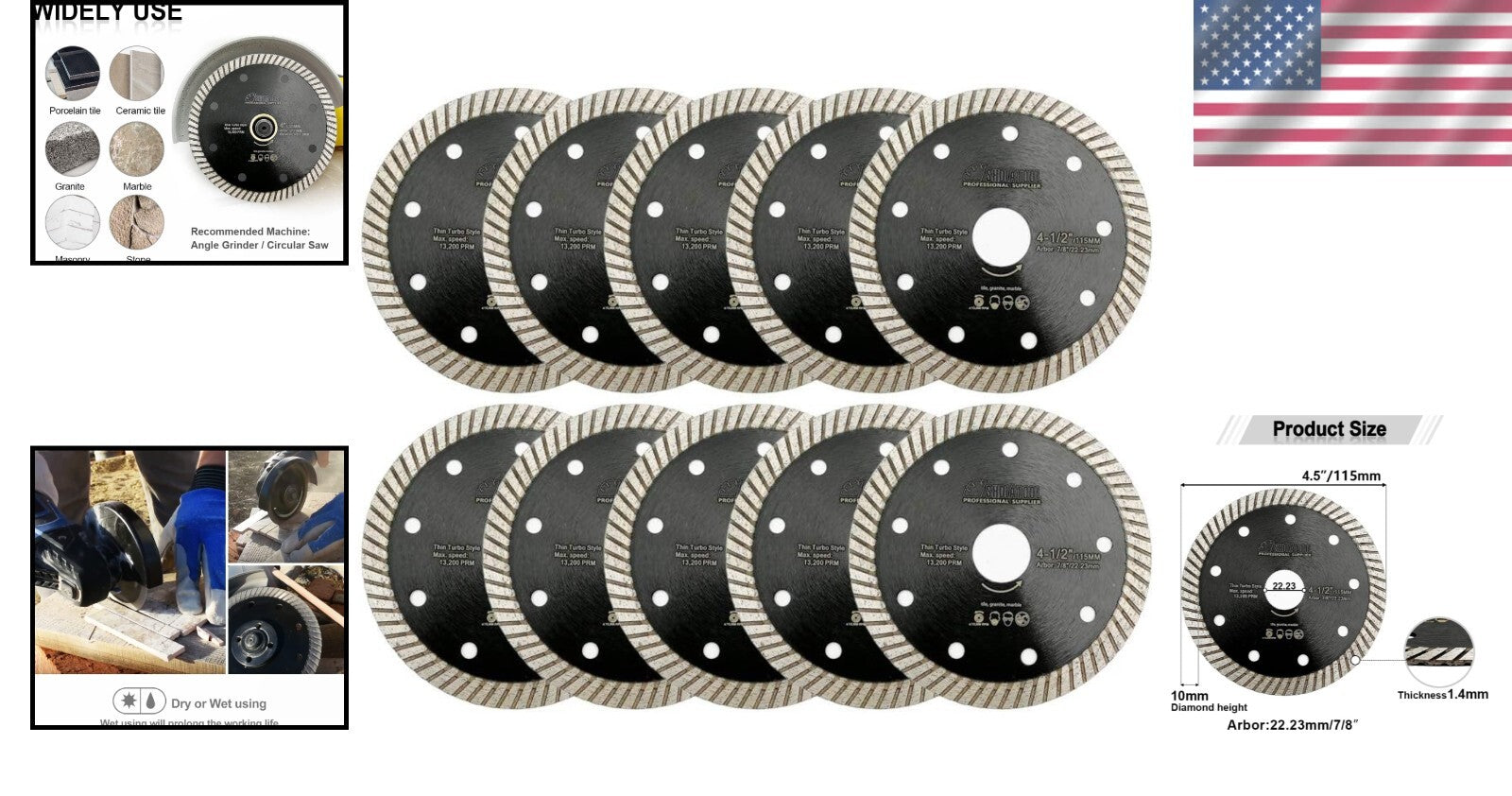 Efficient 10pcs 4.5" Turbo Rim Diamond Blades for Clean Cutting Performance