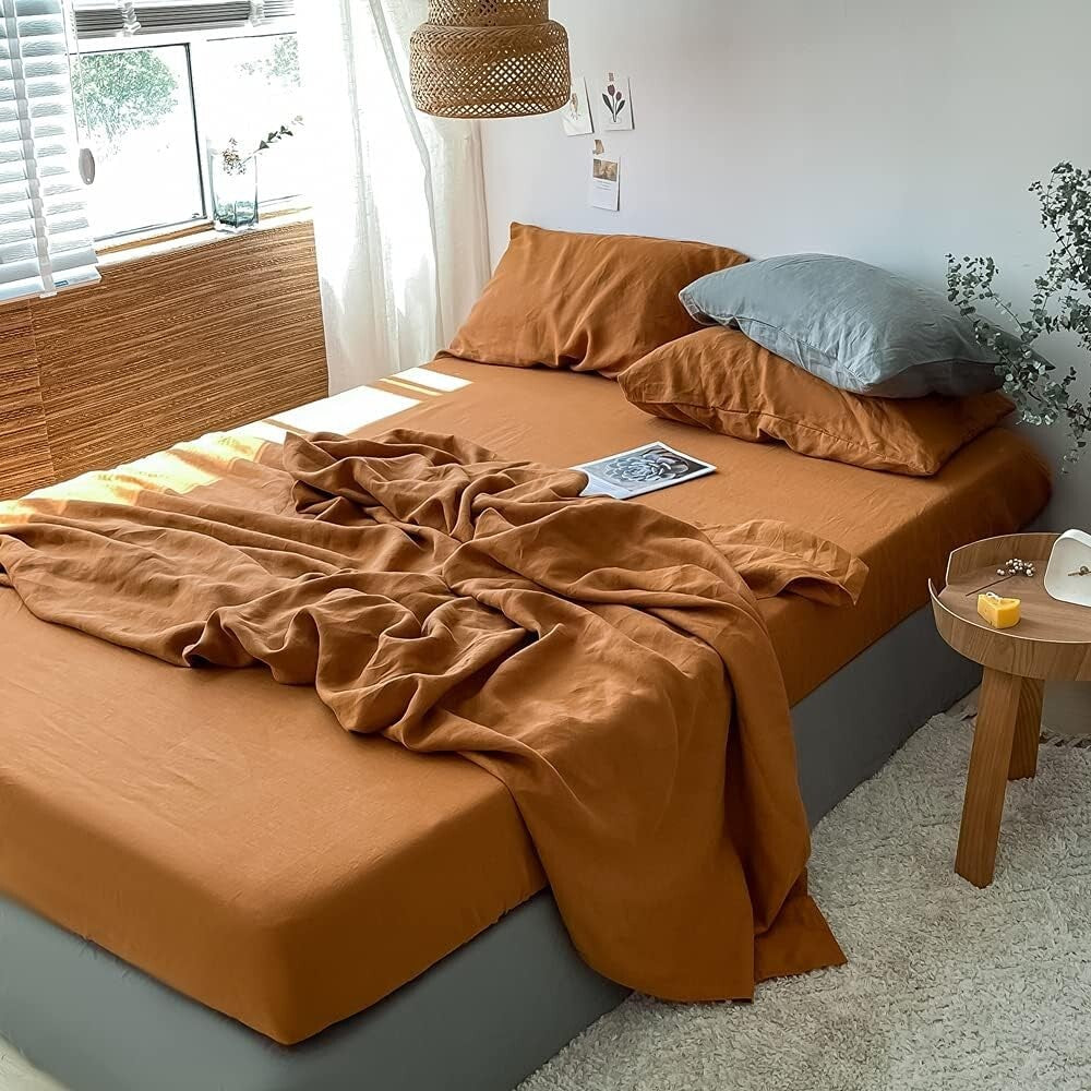 Elegant 4-Piece Rust Linen Bedding Set - King Size Pre-Washed Farmhouse Style