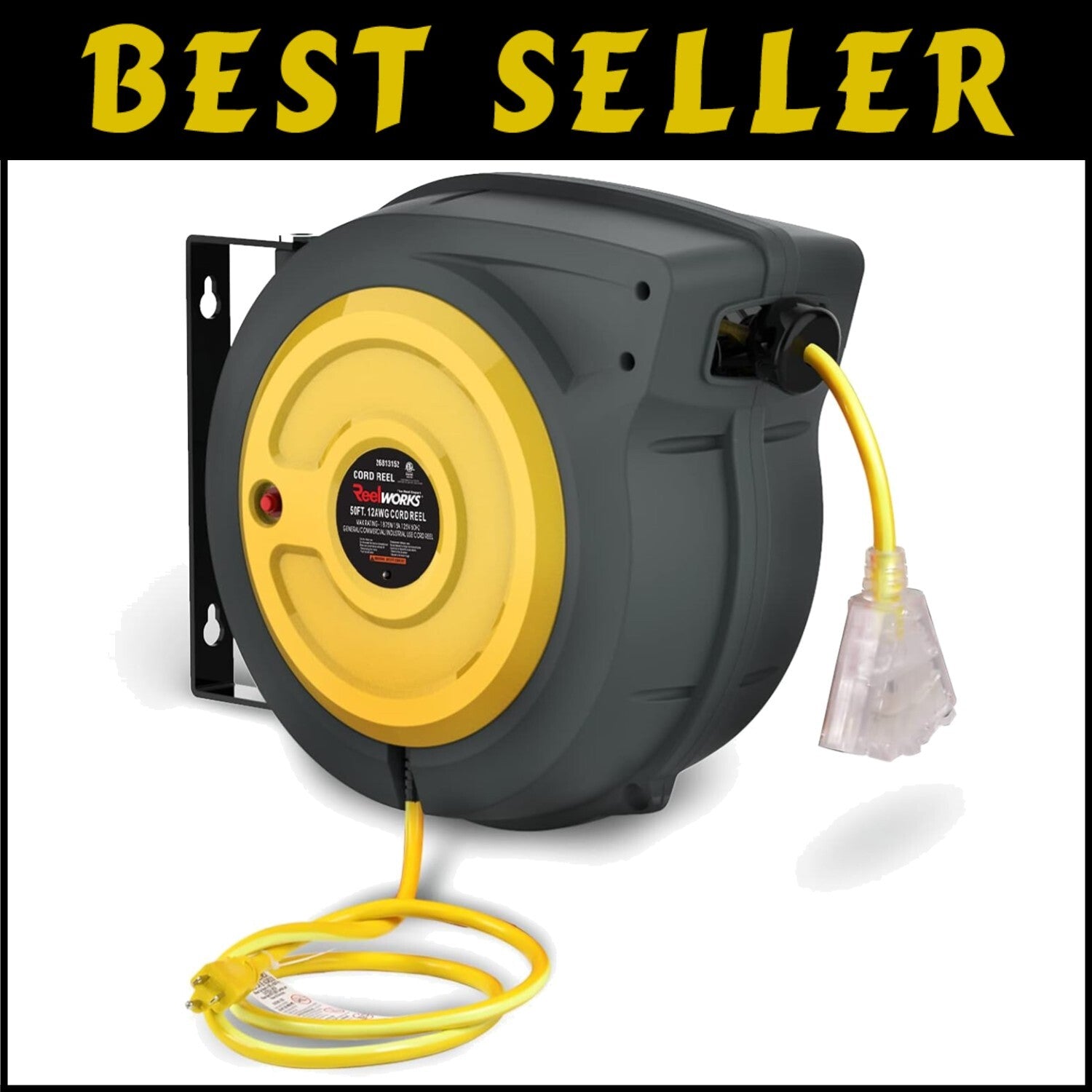 Durable 50ft SJTOW Extension Cord Reel - UV Resistant with Adjustable Stopper