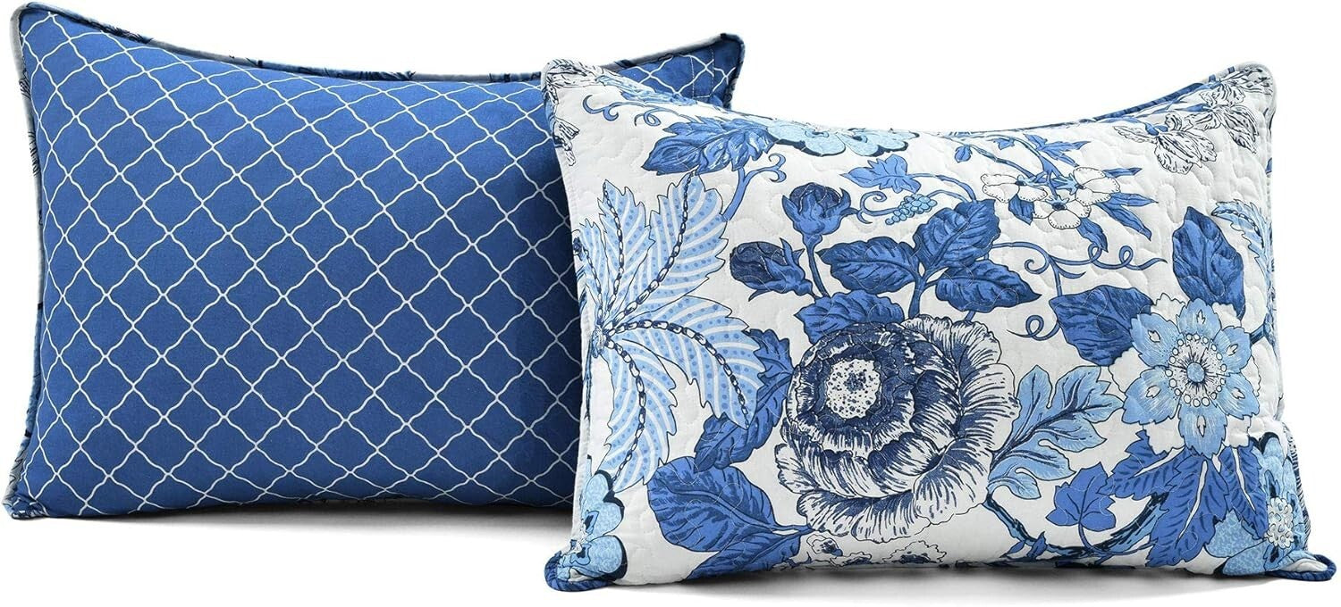 Charming Floral Navy & White Reversible Quilt Set, 3 Piece Bedding, Full/Queen