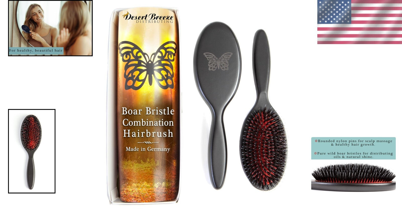 German Craftsmanship Hair Brush - Pure Boar and Nylon Pins for Smooth Styling