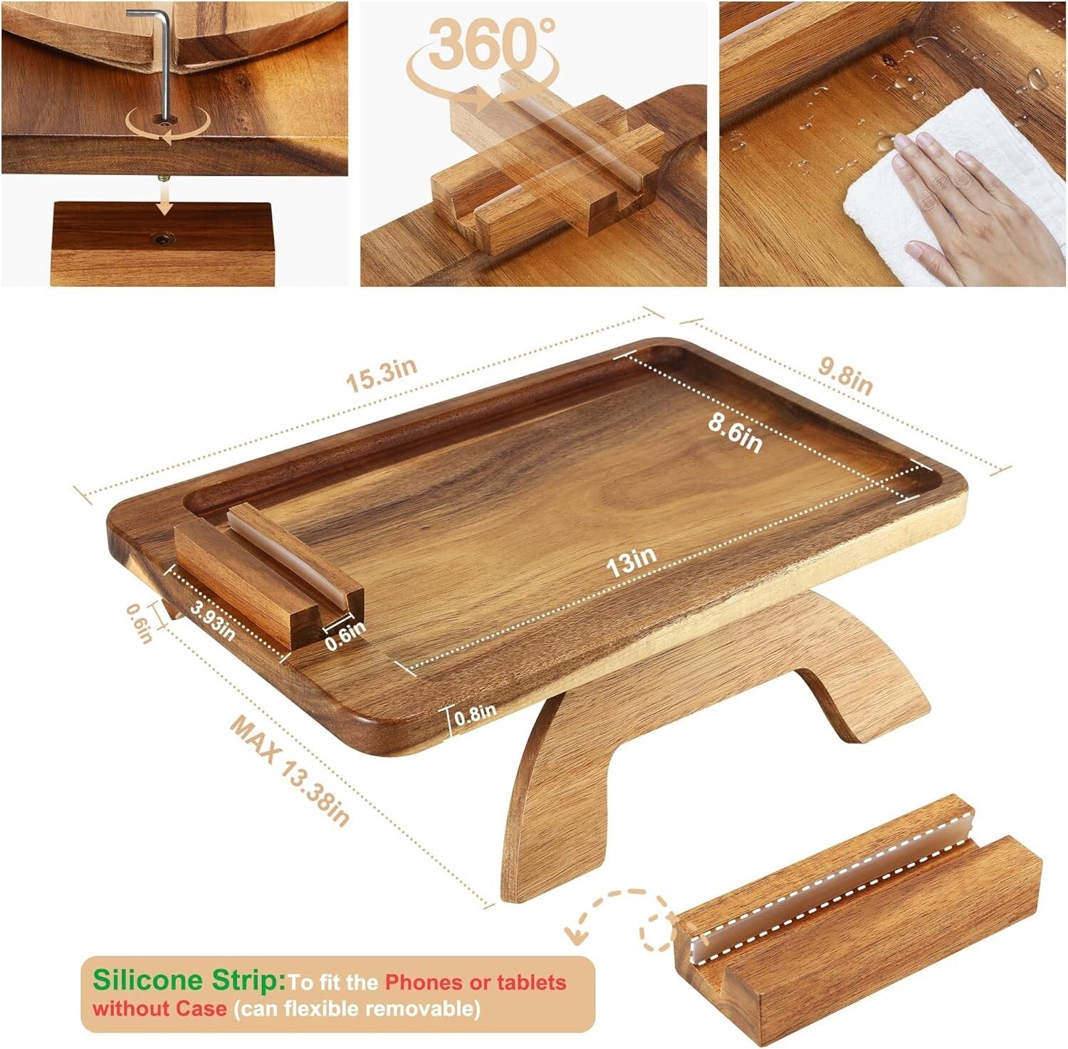 Adjustable Armrest Table with 360° Phone Holder - Modern Acacia Wood Design